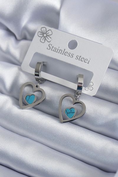 VORTICE TİCARET 316l Steel Silver Color Heart Model Blue Stone Detail Women's Earrings