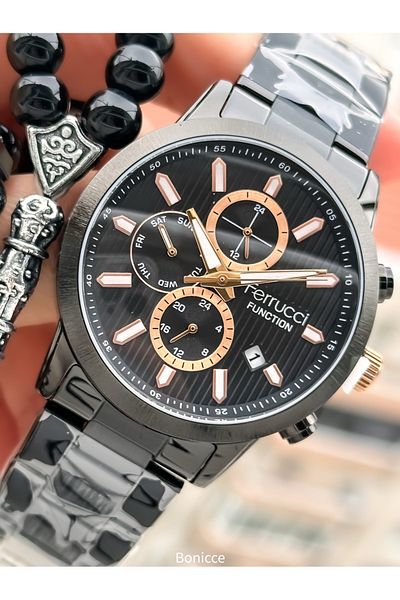 Ferrucci Brand Black Color Steel Band with Calendar, Function Men's Wrist Watch+Bracelet Rosary