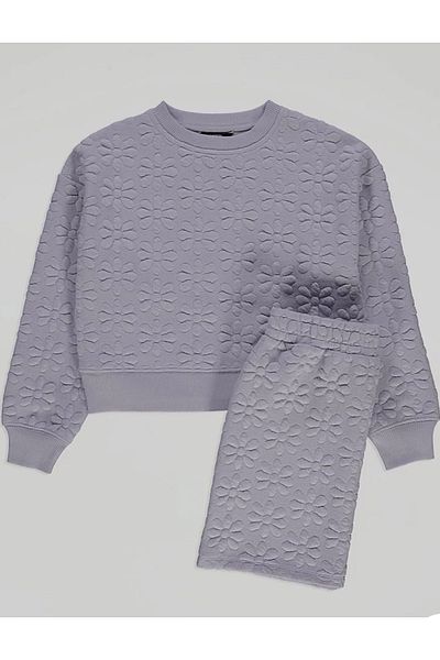 Çipil Lilac Embossed Daisy Sweatshirt and Skirt Set