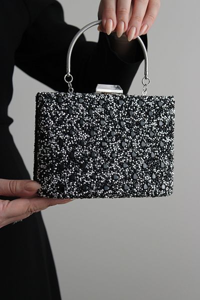 Mimoza Women's Black-White Double-Way Stone Evening Bag with Movable Handle and Chain Strap