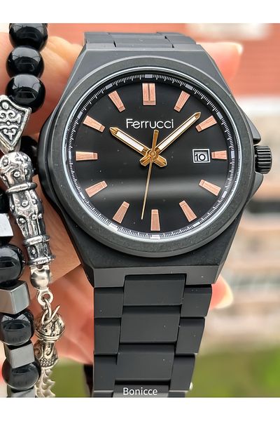 Ferrucci Brand Black Color Steel Band, Black Dial,Calendar, Men's Wrist Watch+Bracelet Rosary