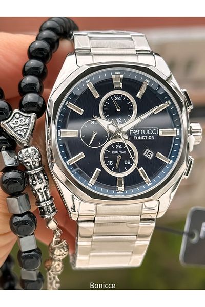 Ferrucci Men's Wrist Watch - Silver Color, Steel Band, Navy Blue Dial, Calendar, Function + Bracelet Rosary