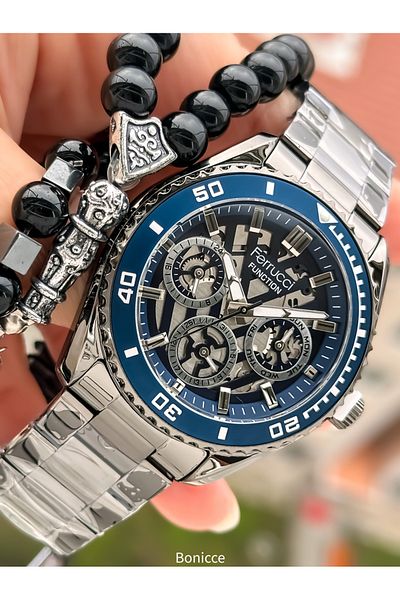 Ferrucci Brand Smoked Color Steel Band with Navy Blue Calendar, Function Men's Wrist Watch+Bracelet Rosary