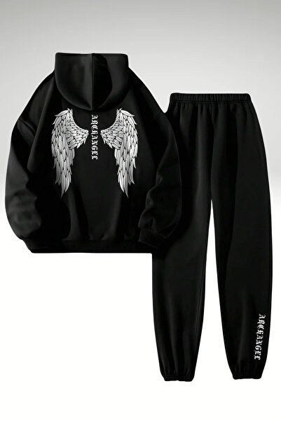 Wish BF Σετ Φόρμας Angel Kanat Kombin Alt Üst - Μαύρο με τύπωμα oversized με ...