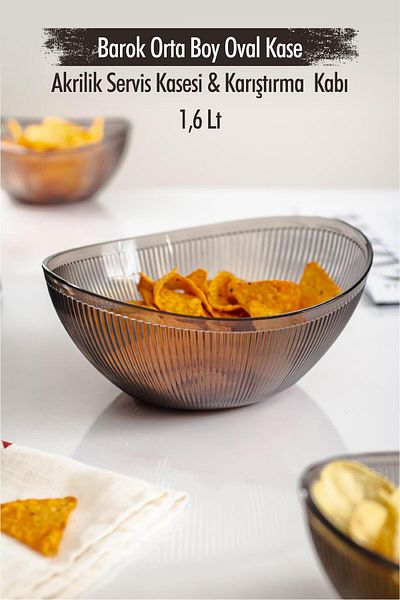 Hangora Acrylic Baroque Smoked Medium Size Oval Fruit & Salad Bowl & Mixing Bowl / 1.6 Lt (Not Glass)
