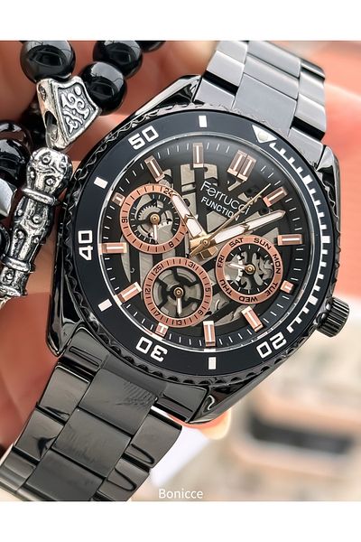Ferrucci Brand Black Color Steel Band with Calendar, Function Men's Wrist Watch+Bracelet Rosary