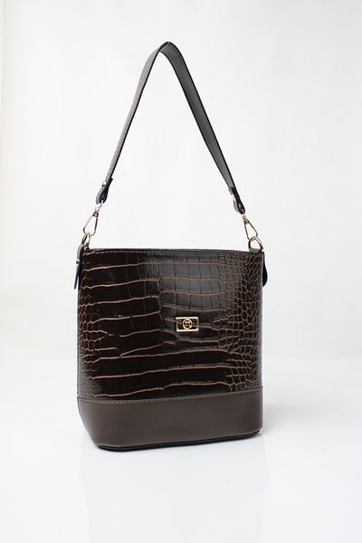 mossi Bitter Brown Crocodile Skin Look Double Strap Women's Shoulder Bag