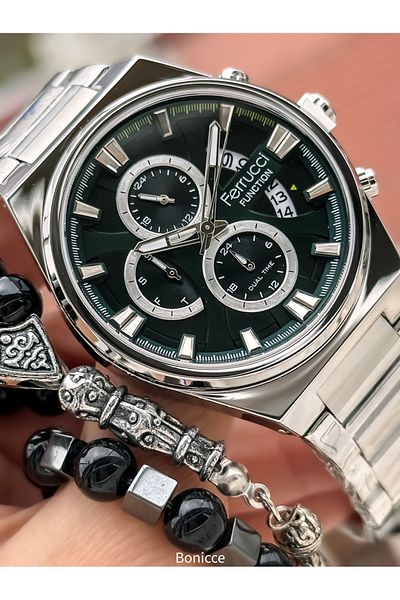 Ferrucci Brand Black Color Steel Band, Green Dial, with Calendar, Function Men's Wrist Watch+Bracelet Rosary