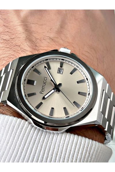 Ferrucci men's Silver Color Calendar Waterproof Steel Cord Wrist Watch