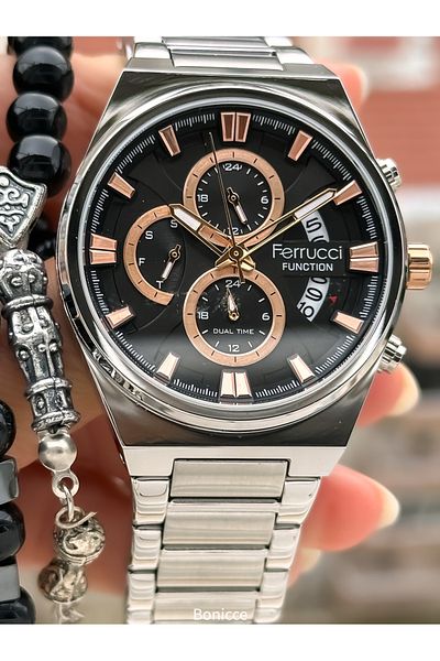 Ferrucci Brand Silver Color Steel Band, Black Dial, with Calendar, Function Men's Wrist Watch+Bracelet Rosary