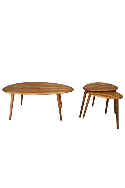 Fawdecor Asimetrik Masif Ahşap Orta Sehpa ve 2'li Zigon Yan Sehpa Seti, Açık ...