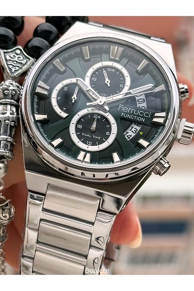 Ferrucci Brand Black Color Steel Band, Green Dial, with Calendar, Function Men's Wrist Watch+Bracelet Rosary