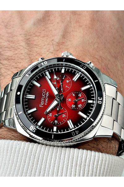 Ferrucci men's Wristwatch - Silver-red Color, Waterproof Steel Cord, Functional