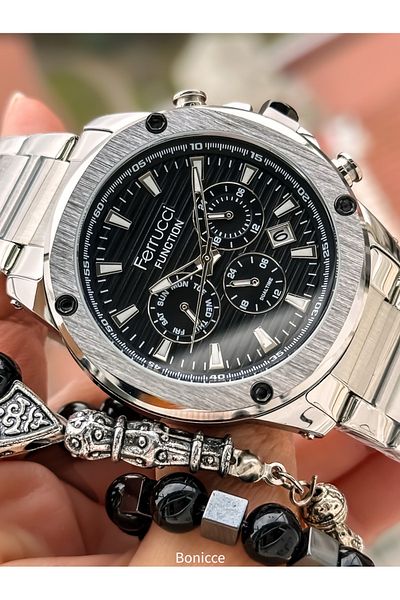 Ferrucci Brand Silver Color Steel Band, Black Dial, with Calendar, Function Men's Wrist Watch+Bracelet Rosary