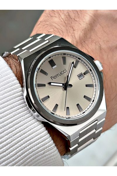 Ferrucci men's Silver Color Calendar Waterproof Steel Cord Wrist Watch