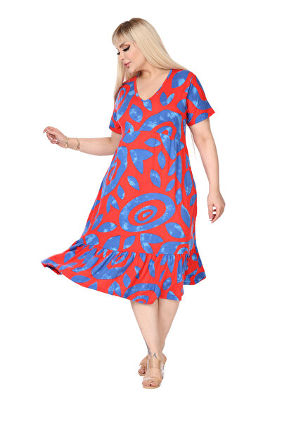 MELSAY Γυναικείο φόρεμα με κοντό μανίκι με λαιμόκοψη V με ροζ μοτίβο με κακά μάτια