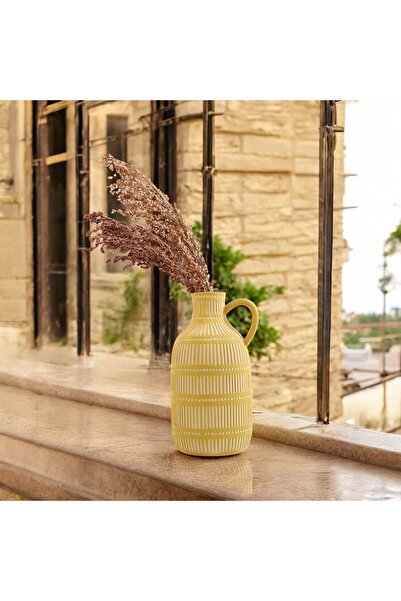 Binbirdemet İskandinav Bohem El Boyaması Kulplu Sarı Seramik Vazo