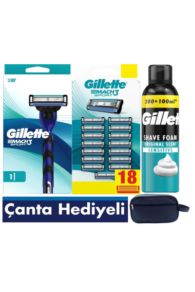 Gillette Mach3 Sport Makine + 18 adet Tıraş Bıçağı + 300 ML tıraş köpüğü+ Çanta
