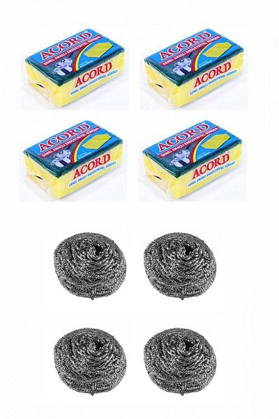 Acord 4 Pieces of Industrial Dish Wire and 4 Pieces of Industrial Multi-Purpose Dish Sponge Set