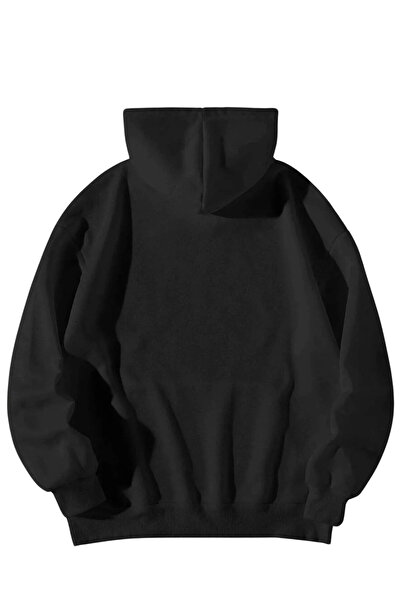 Wish BF Ayıcık Kalp Sevgili Çift Kombin - Siyah Baskılı Oversize Kapüşonlu Sweatshirt