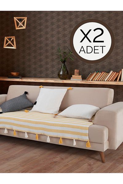 Lux Touch Liva Pompom Yellow 2 قطعة غطاء مقعد - 115x200 سم أريكة ديفان أريكة سرير كرسي بذراعين معنقدة