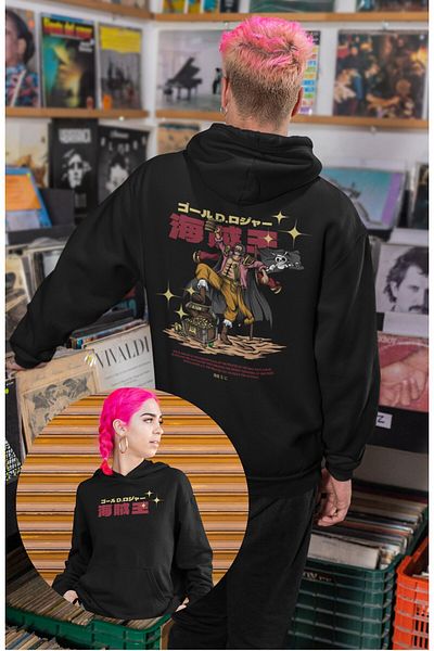Fuddy Moda Unisex One Piece Themed - Gol D. Roger Back Printed Oversize Hooded Sweatshirt