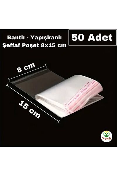 Organik Yolda Transparent, Taped - Adhesive Jelatin Bags 50 Pcs, 8X15 cm