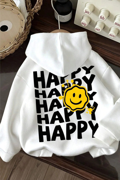 FECCY Hanorac alb supradimensionat din bumbac cu glugă - Imprimeu Happy pe spate