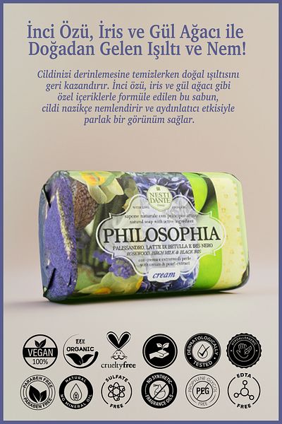Nesti Dante Philosophia Cream Solid Soap 250 Gr |   Brightening and Moisturizing |   Pearl Extract, Iris, Rose
