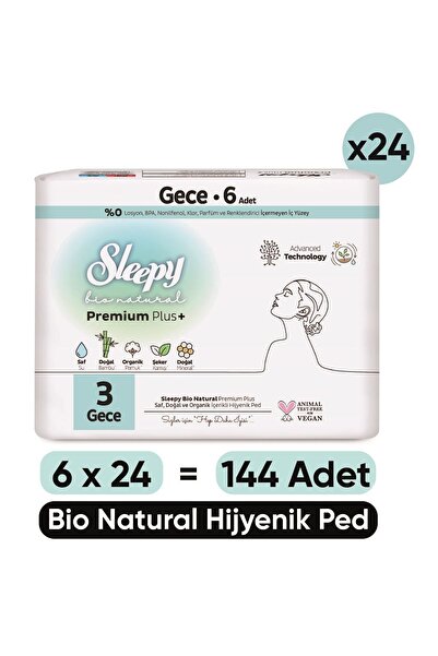 Sleepy Bio Natural Premium Plus Hijyenik Ped Gece 6X24 Ped (144 Adet)