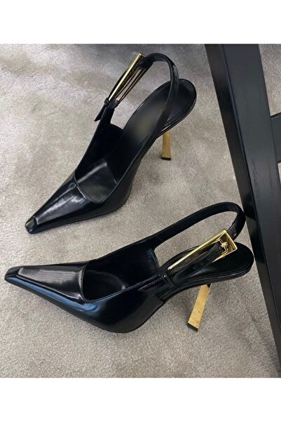 MYVOLANTE Μαύρα λουστρίνια παπούτσια με χρυσό τακούνι με λεπτομέρεια
