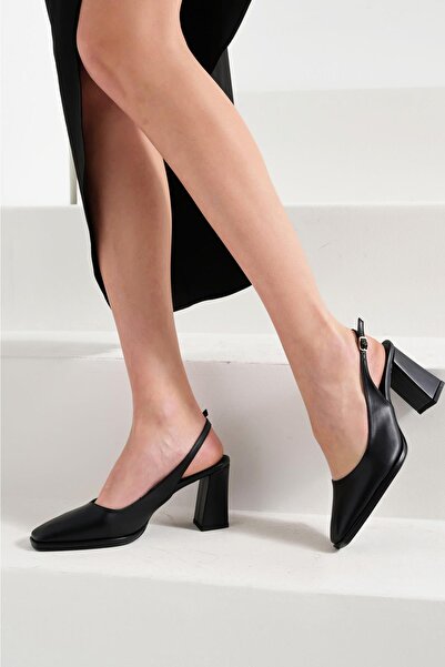 Beyond Women's Black Blunt Toe Thick Heeled Ankle Strap Open Back Heeled Leather Shoes 9cm by