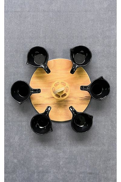 Erbaşlar Black Bamboo 7-Piece Ceramic Breakfast with Wooden Stand, Snack Bowl Series