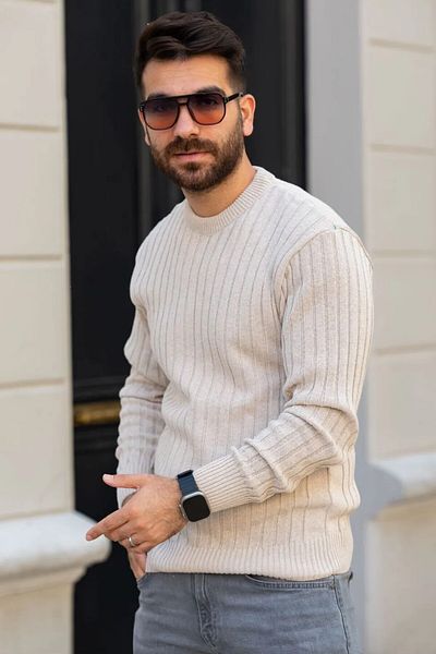 Black Sokak Men's Beige Thessaloniki Crew Neck Sweater
