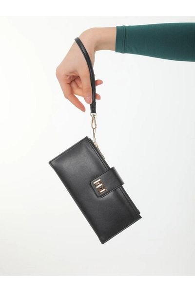 Newish Polo Women's Black Zipper Wallet Wrist Strap Wallet with Money Compartment Soft Textured Wallet with Lock