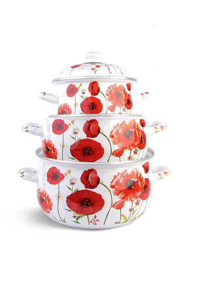 Ebru Metal Enameled Hot Pot Floral Patterned Midi 3-Piece Cookware Set 16/18/20 cm
