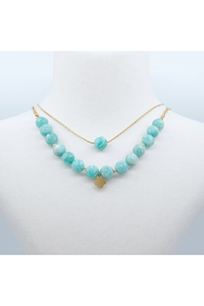 Villy Schön Doğal Taş Amazonit Faset Kesim Çelik Kolye Bileklik Takımı (Üçlü Set)