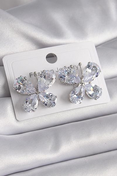 Clariss Brass Silver Color Zircon Stone Butterfly Model Women's Earrings