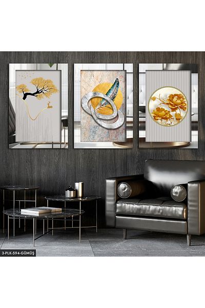 Evinemoda Pictură abstractă din plexiglas din argint 3 piese