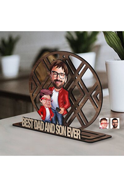 Bk Gift Kişiye Özel 3 Katmanlı Baba-Oğul Karikatürlü Ahşap Biblo-5, Babaya He...