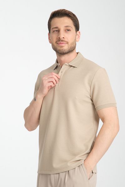 Frappoli Ανδρικό μπλουζάκι Walfer Slim Fit Polo Neck - Σκούρο μπεζ, 100% βαμβάκι, ύφασμα βάφλα που δεν τραβάει