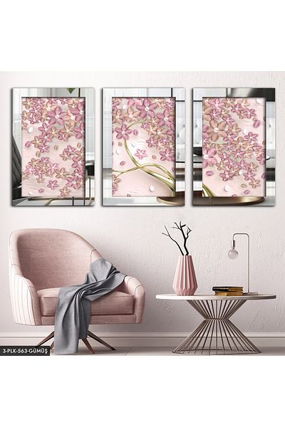 Evinemoda Flori colorate argintiu 3 piese pictură cu oglindă din plexiglas