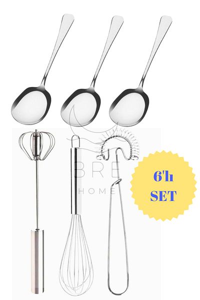BRE HOME 6-Piece Set of 3 Steel Serving Spoons, 3 Rocker Beater, Spring Beater, Medium Beater