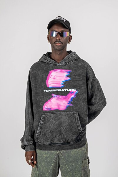 Sekizbiraltı Temperature Printed Black Oversize Unisex Hoodie - Washable