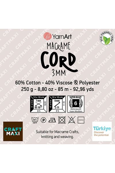 Yarnart Κορδόνι Macrame 3 Mm - Μακραμέ Χειροποίητο Πλεκτό Σχοινί Cream-753