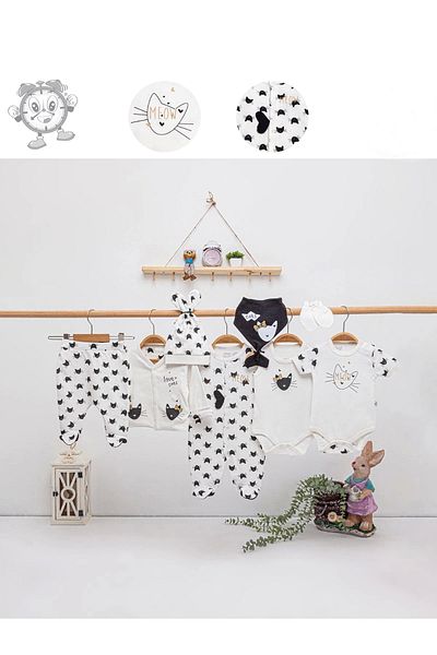 İmaj Newborn Baby Girl 8 Piece Beige Cat Set 100% Cotton Hospital Outlet, Set