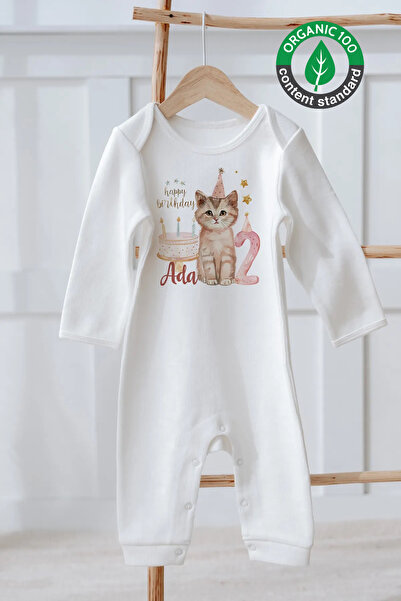 Lilabio %100 Pamuk İsme Özel İsimli Doğum Günü Bebek Tulum 2 Yaş Kedi