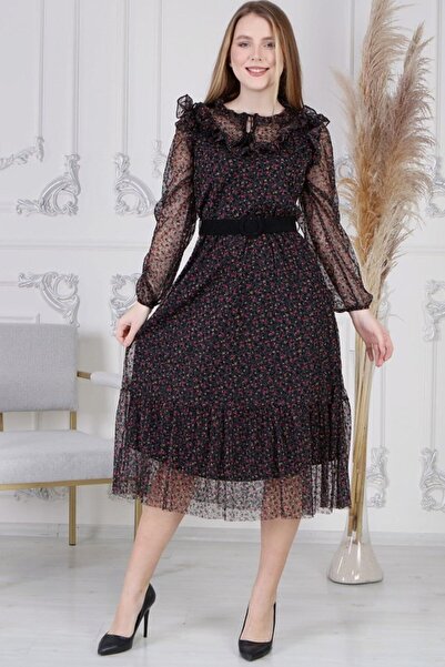 thezkscom Flocked Print Plus Size Chiffon Dress