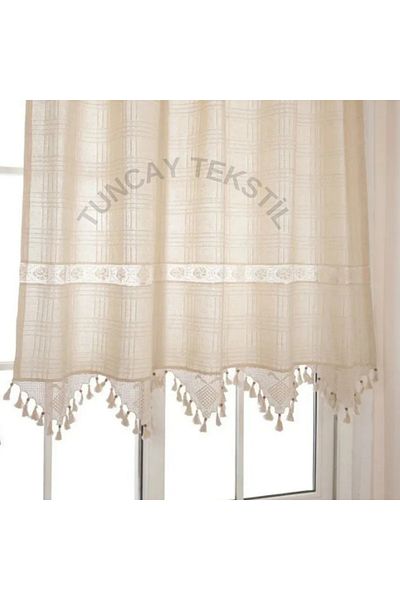 TUNCAY TEKSTİL Bodrum - Natural Cotton, Lacy Linen Sunshade Curtain, Cross Stitch Sea Buldan