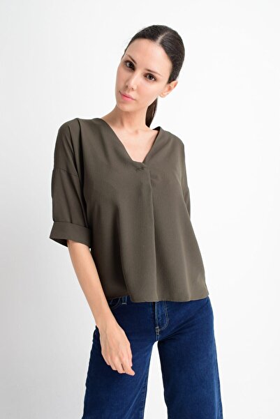 Cotton Mood 9182879 Kobe Collar Tie Capri Sleeve Blouse Khaki